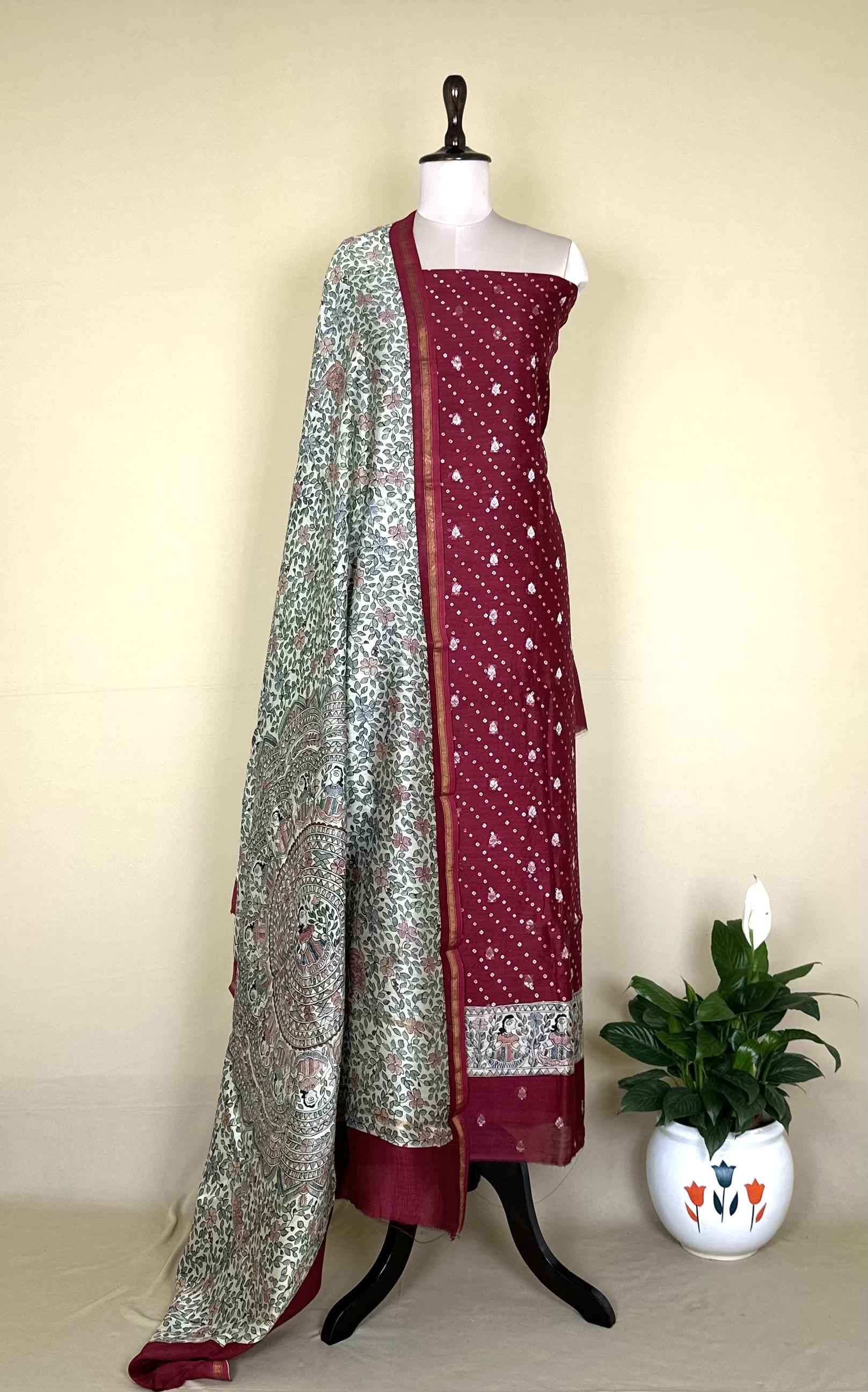 Maroon Bandhani Print with Zari buti Maheshwari Silk Madhubani Print Border Unstitched Suit