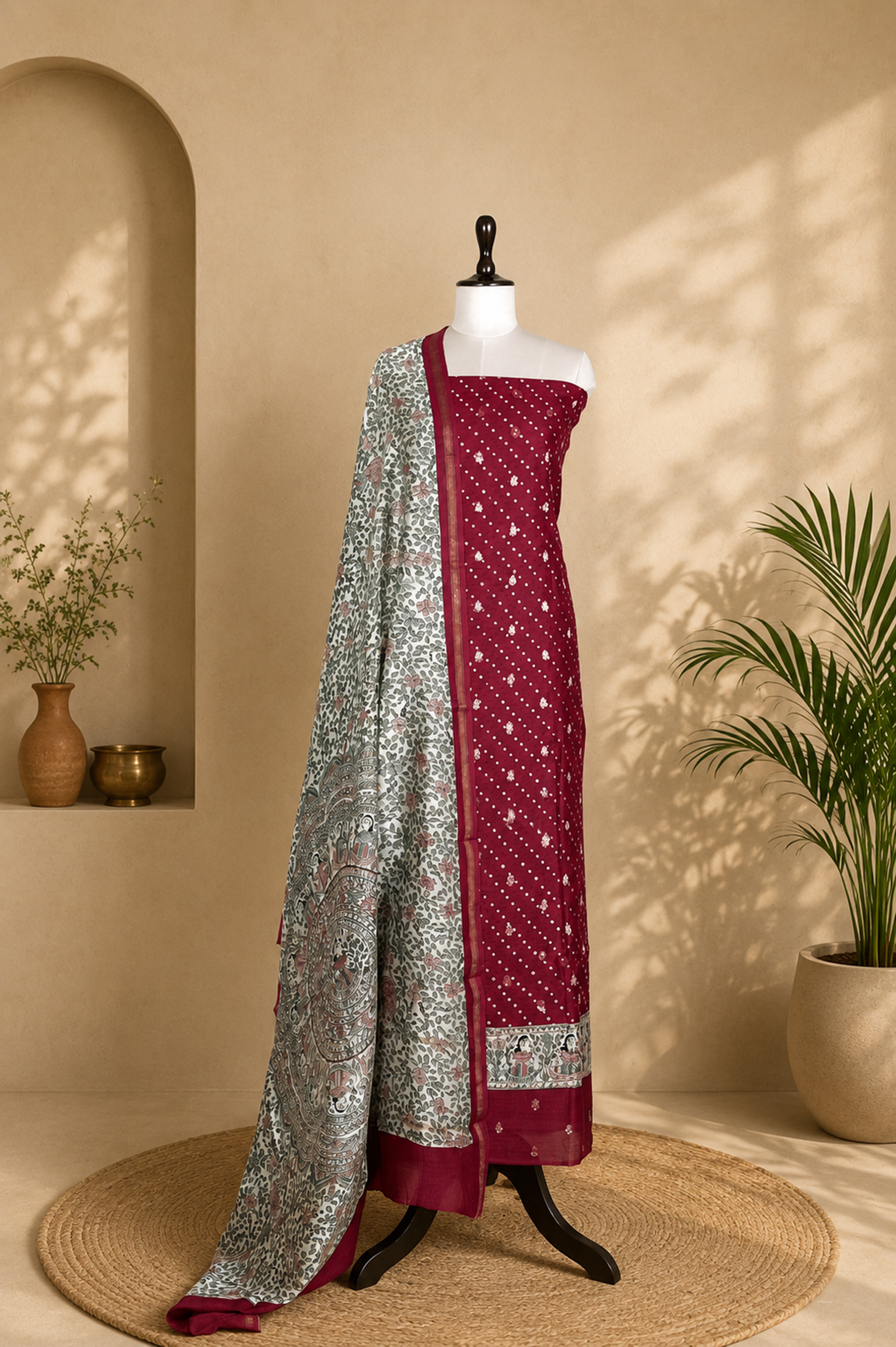 Maroon Bandhani Print with Zari buti Maheshwari Silk Madhubani Print Border Unstitched Suit