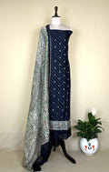 Navy Blue Bandhani Print with Zari buti Maheshwari Silk Madhubani Print Border Unstitched Suit