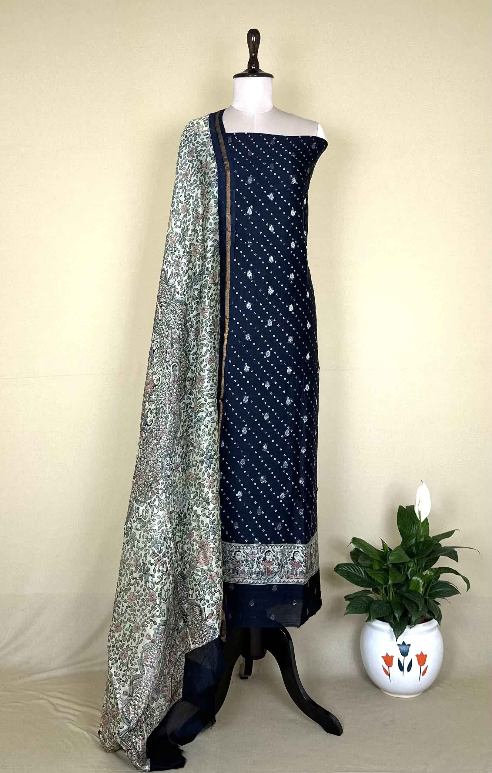 Navy Blue Bandhani Print with Zari buti Maheshwari Silk Madhubani Print Border Unstitched Suit