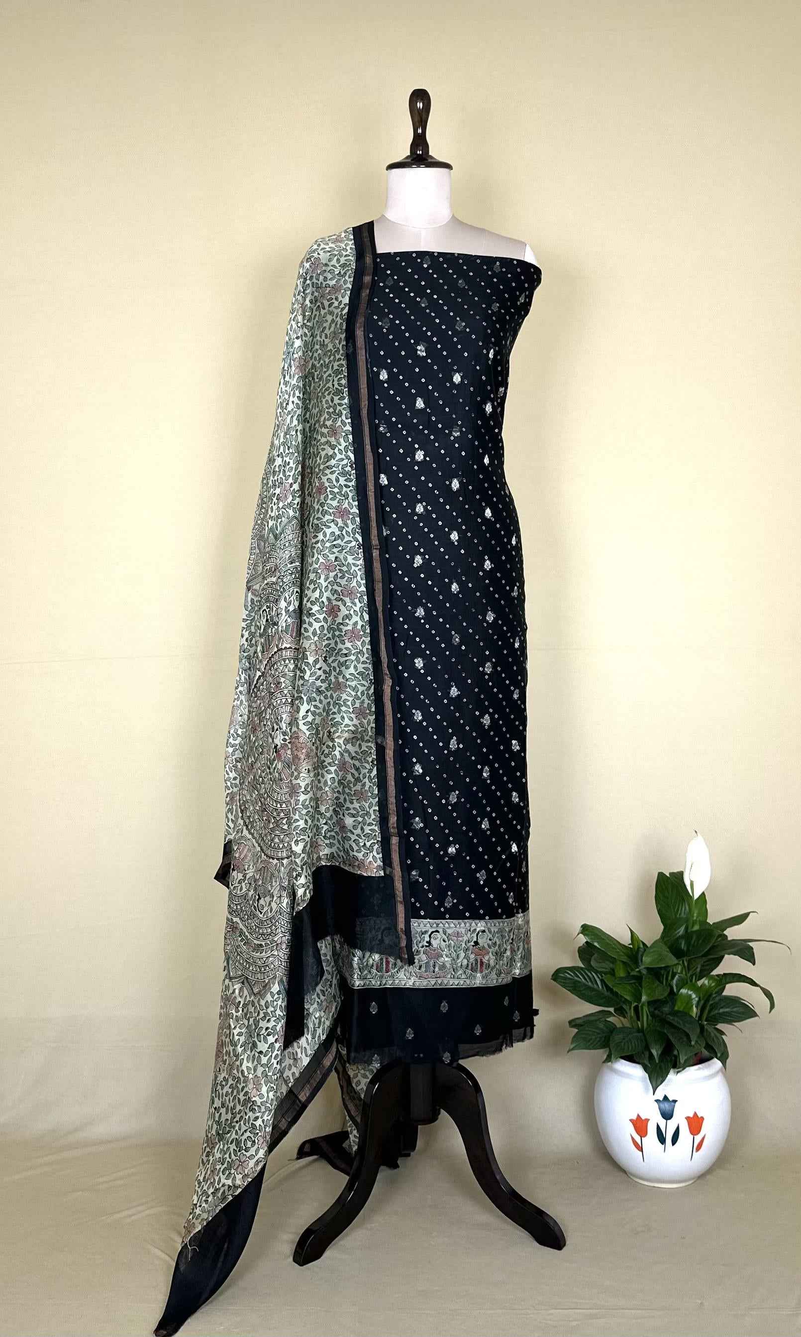 Black Bandhani Print with Zari buti Maheshwari Silk Madhubani Print Border Unstitched Suit