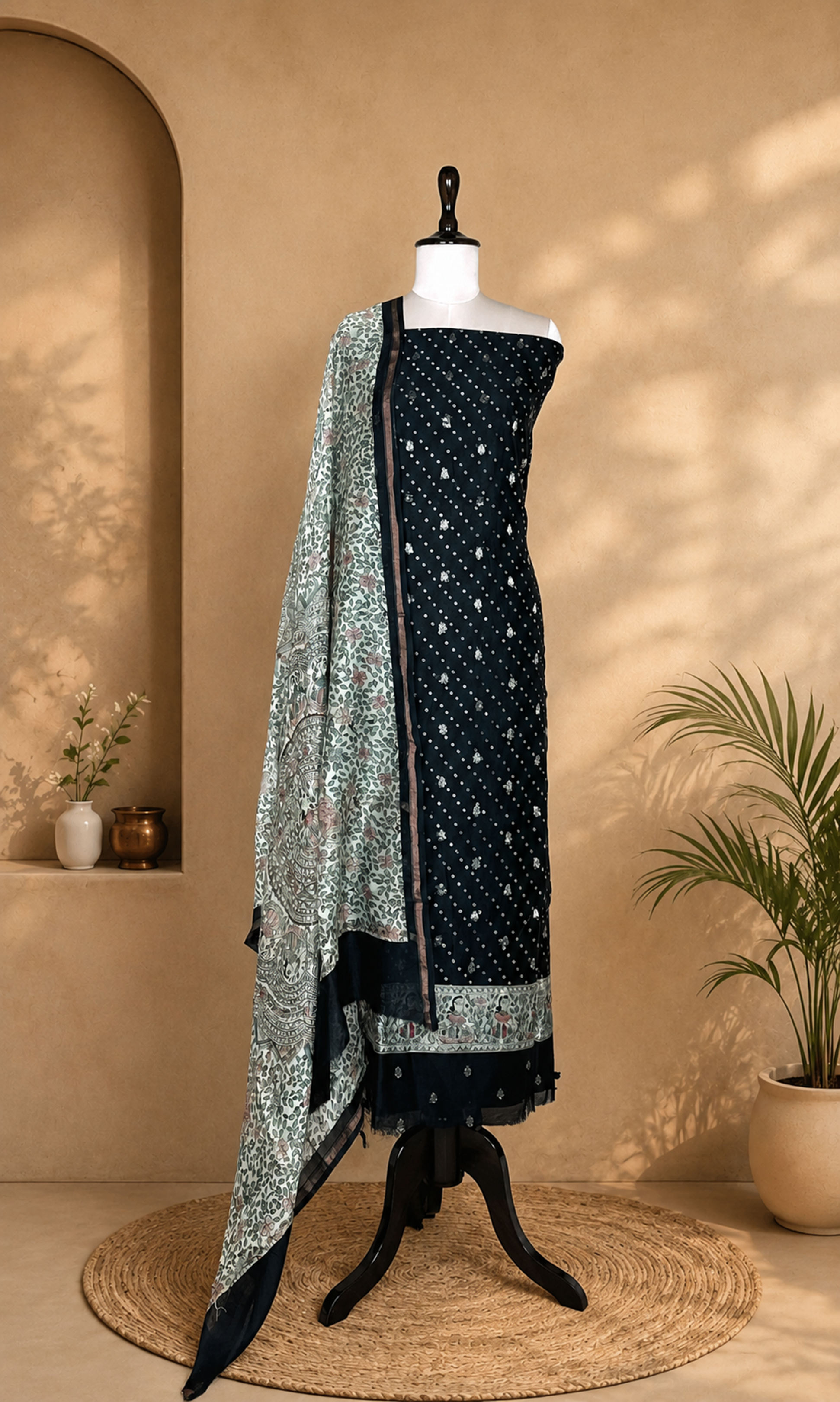Black Bandhani Print with Zari buti Maheshwari Silk Madhubani Print Border Unstitched Suit