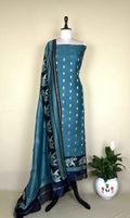 Teal Green and Navy Blue Zari Boti Maheshwari Silk With Elephant Motif Kalamkari Border Unstitched Suit