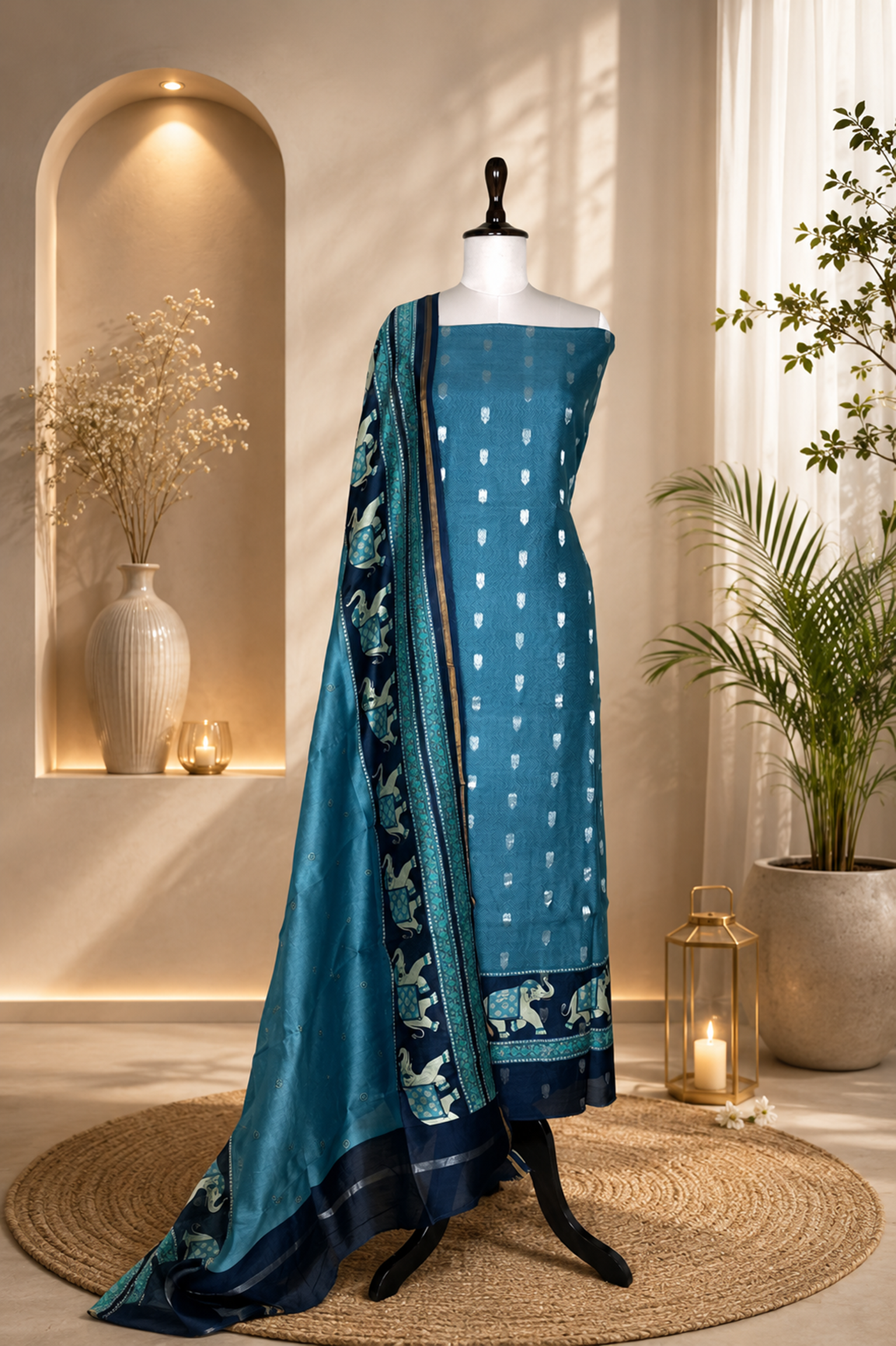 Teal Green and Navy Blue Zari Boti Maheshwari Silk With Elephant Motif Kalamkari Border Unstitched Suit