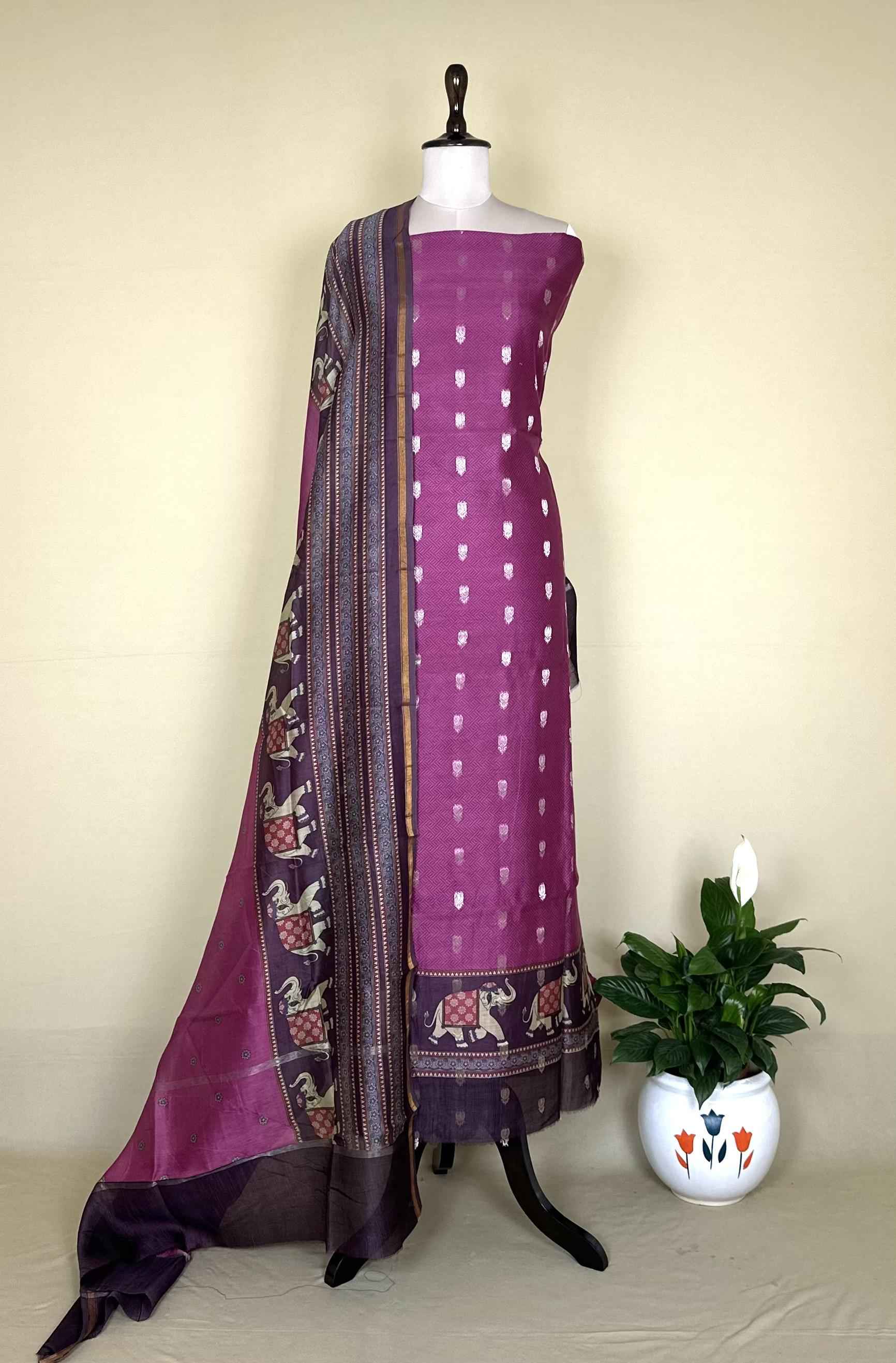 Magenta and Wine Zari Boti Maheshwari Silk With Elephant Motif Kalamkari Border Unstitched Suit