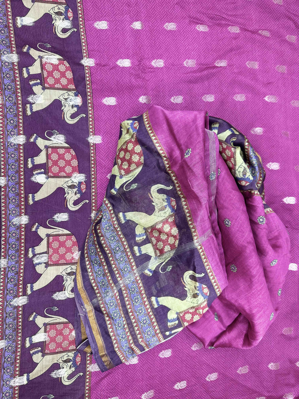 Magenta and Wine Zari Boti Maheshwari Silk With Elephant Motif Kalamkari Border Unstitched Suit