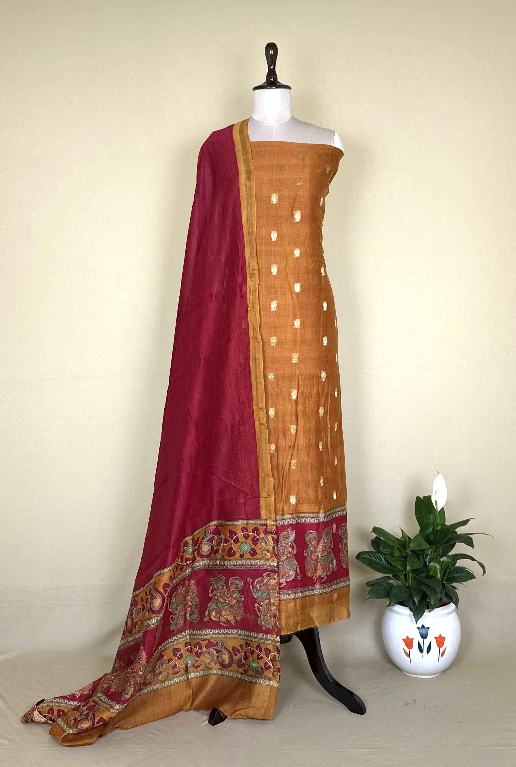 Mustard and Red Zari Buti Maheshwari Silk with Pattachitra Style Print Border Unstitched Suit