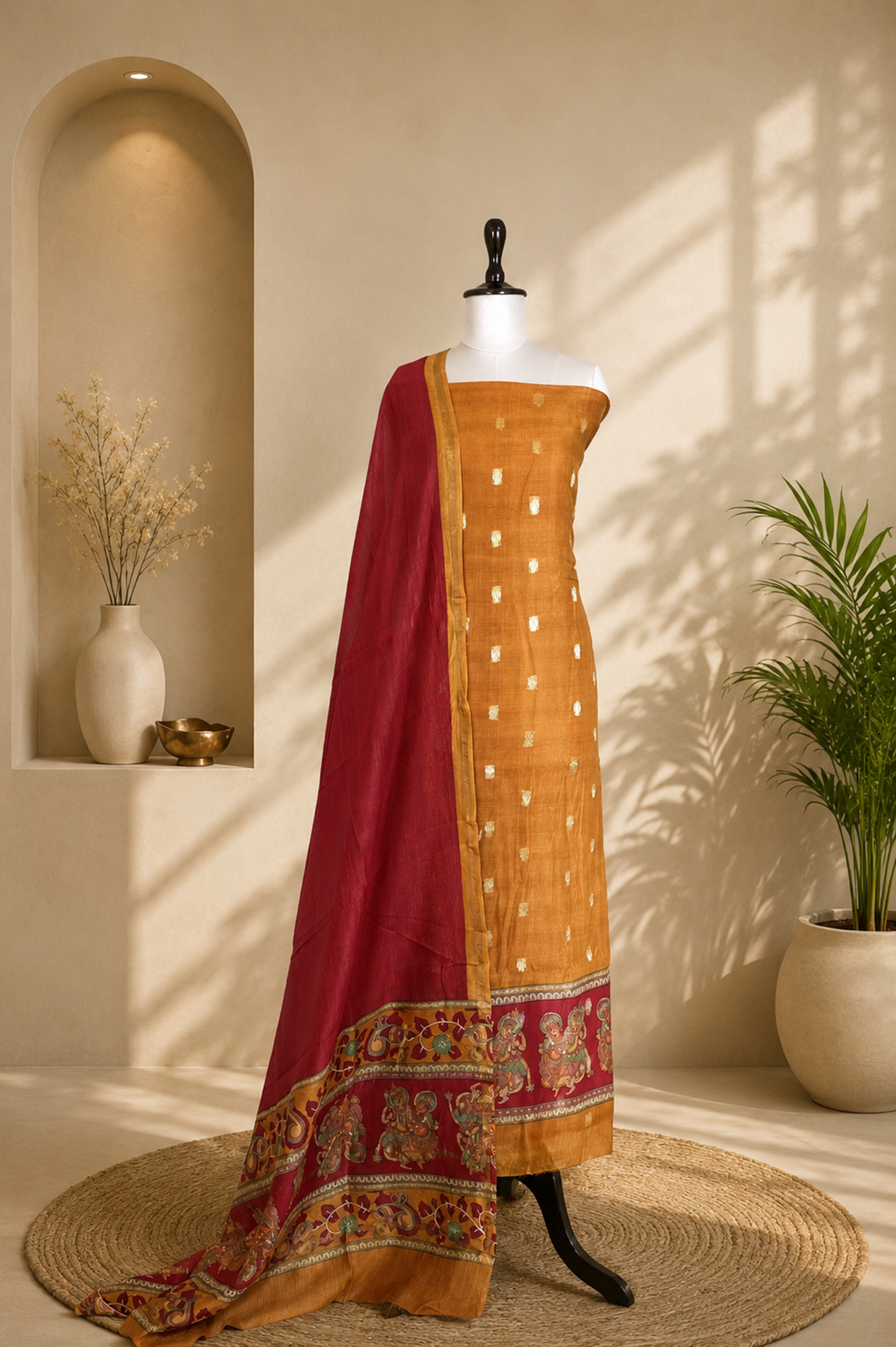 Mustard and Red Zari Buti Maheshwari Silk with Pattachitra Style Print Border Unstitched Suit