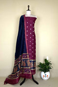 Wine and Navy Blue Zari Buti Maheshwari Silk with Pattachitra Style Print Border Unstitched Suit