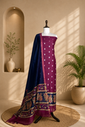 Wine and Navy Blue Zari Buti Maheshwari Silk with Pattachitra Style Print Border Unstitched Suit