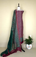Wine and Green Lahariya with Ikkat Border Print Unstitched Suit