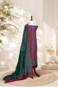 Wine and Green Lahariya with Ikkat Border Print Unstitched Suit