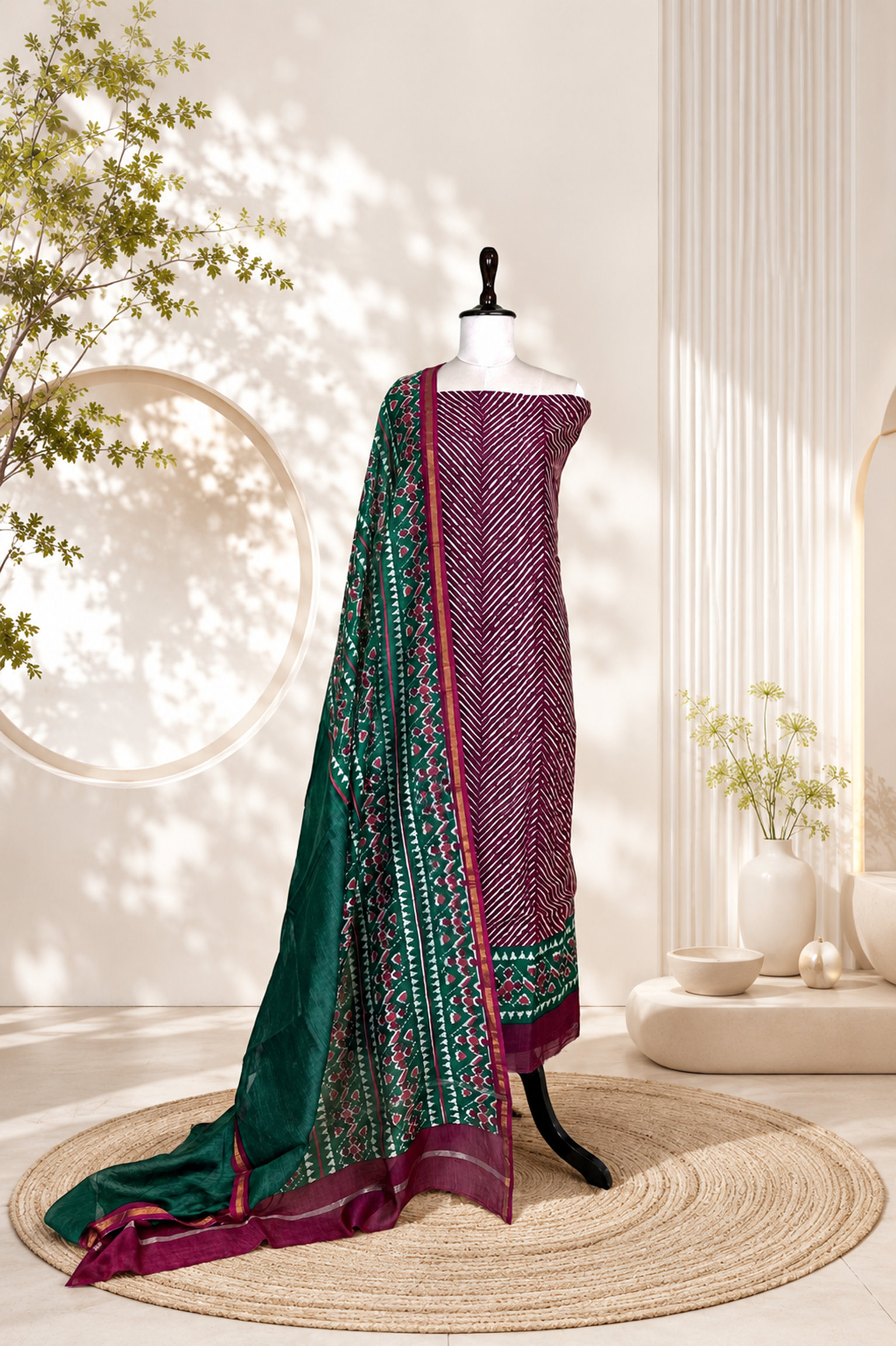 Wine and Green Lahariya with Ikkat Border Print Unstitched Suit