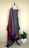 Ink Blue with Wine Lahariya with Ikkat Border Print Unstitched Suit