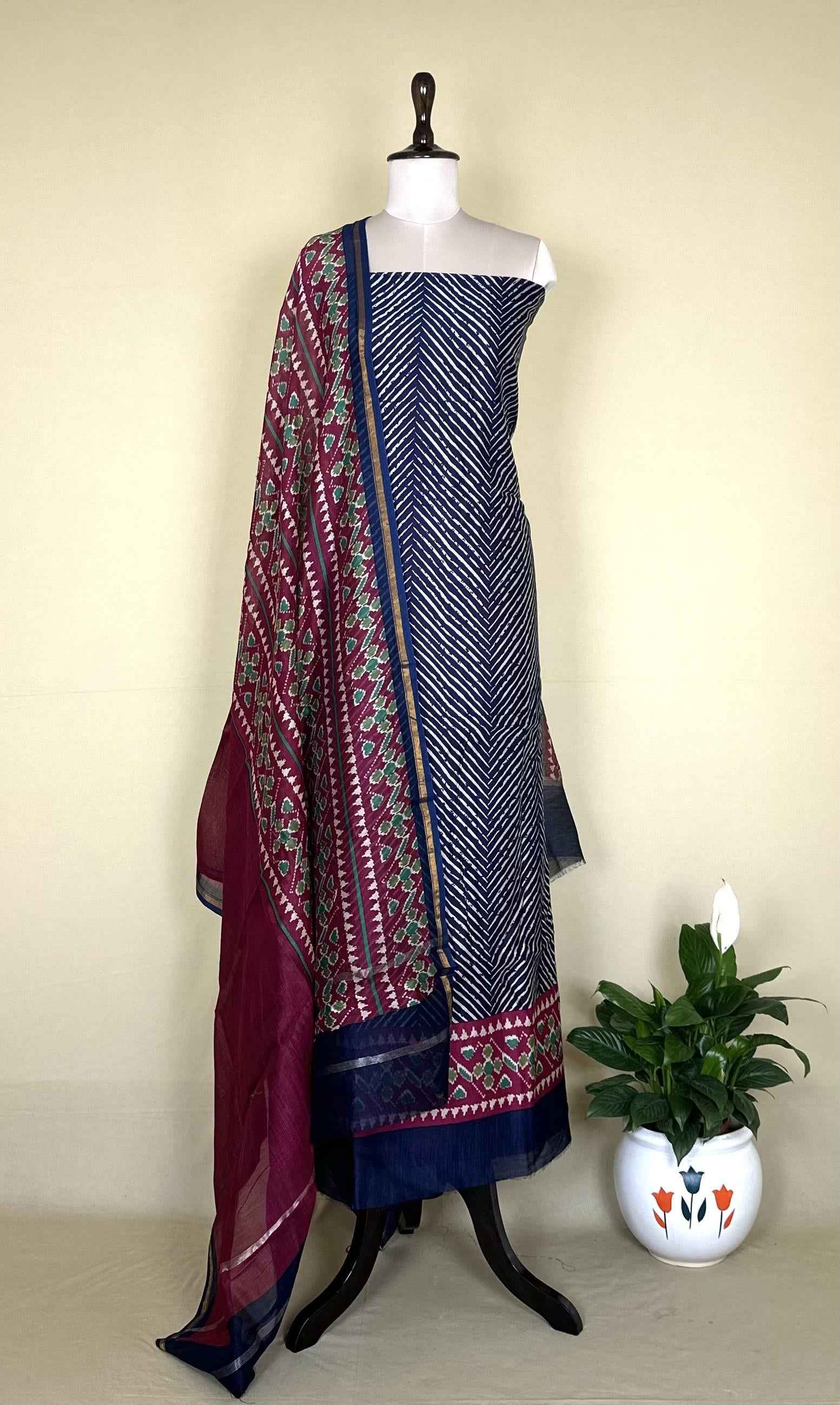 Ink Blue with Wine Lahariya with Ikkat Border Print Unstitched Suit