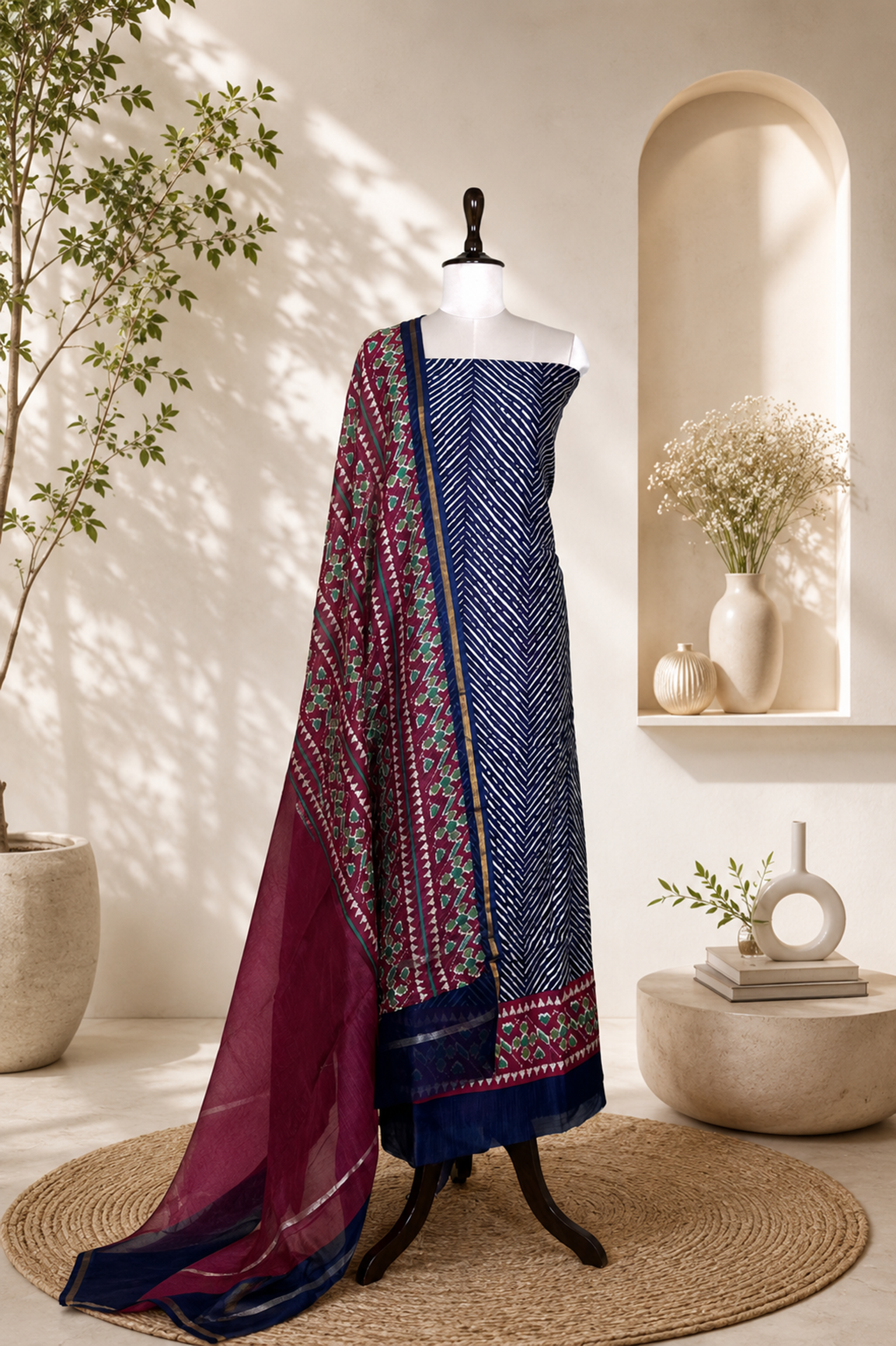 Ink Blue with Wine Lahariya with Ikkat Border Print Unstitched Suit