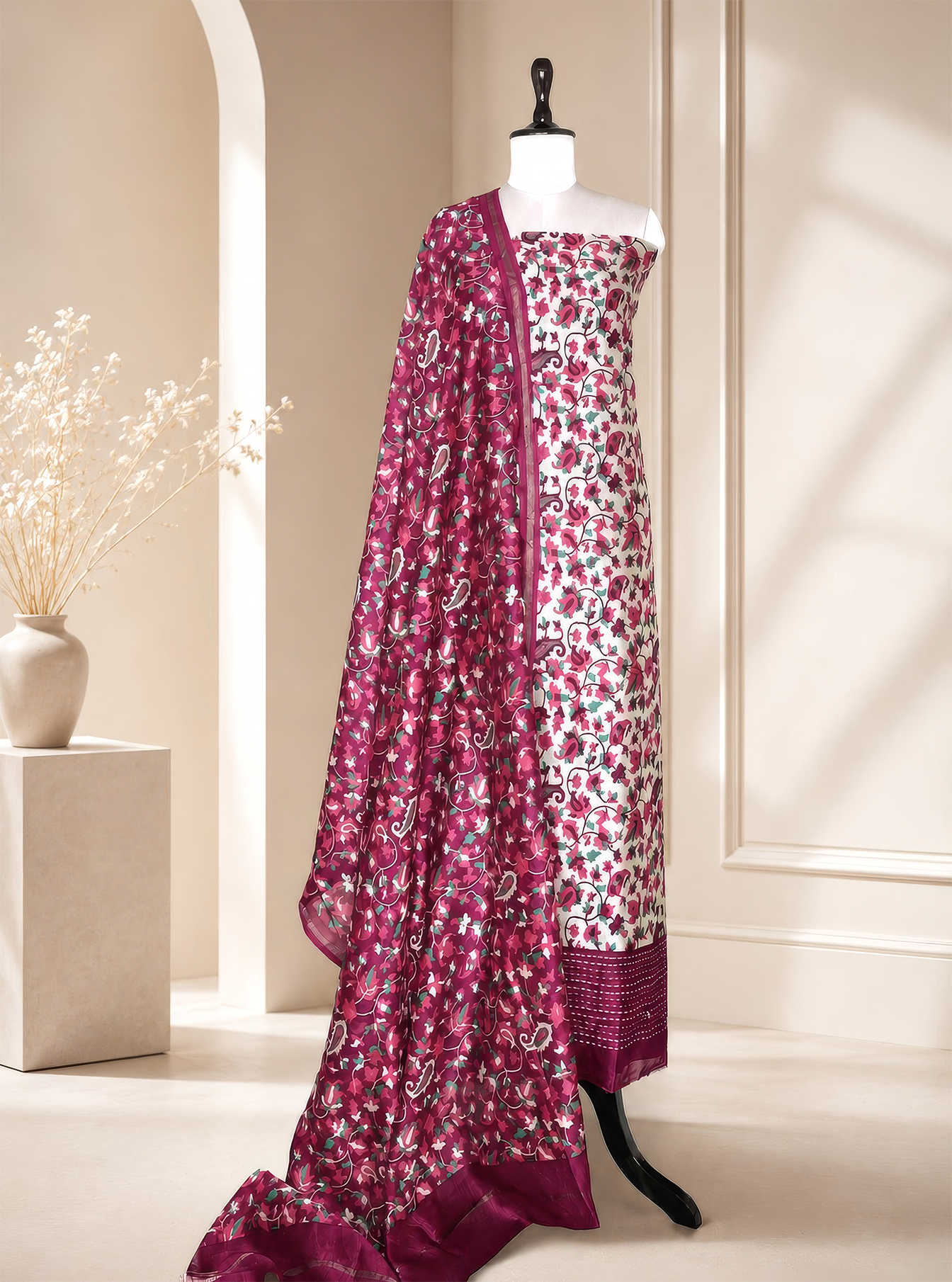 Beige and Pink floral kani Print handloom Maheshwari Silk with kantha border