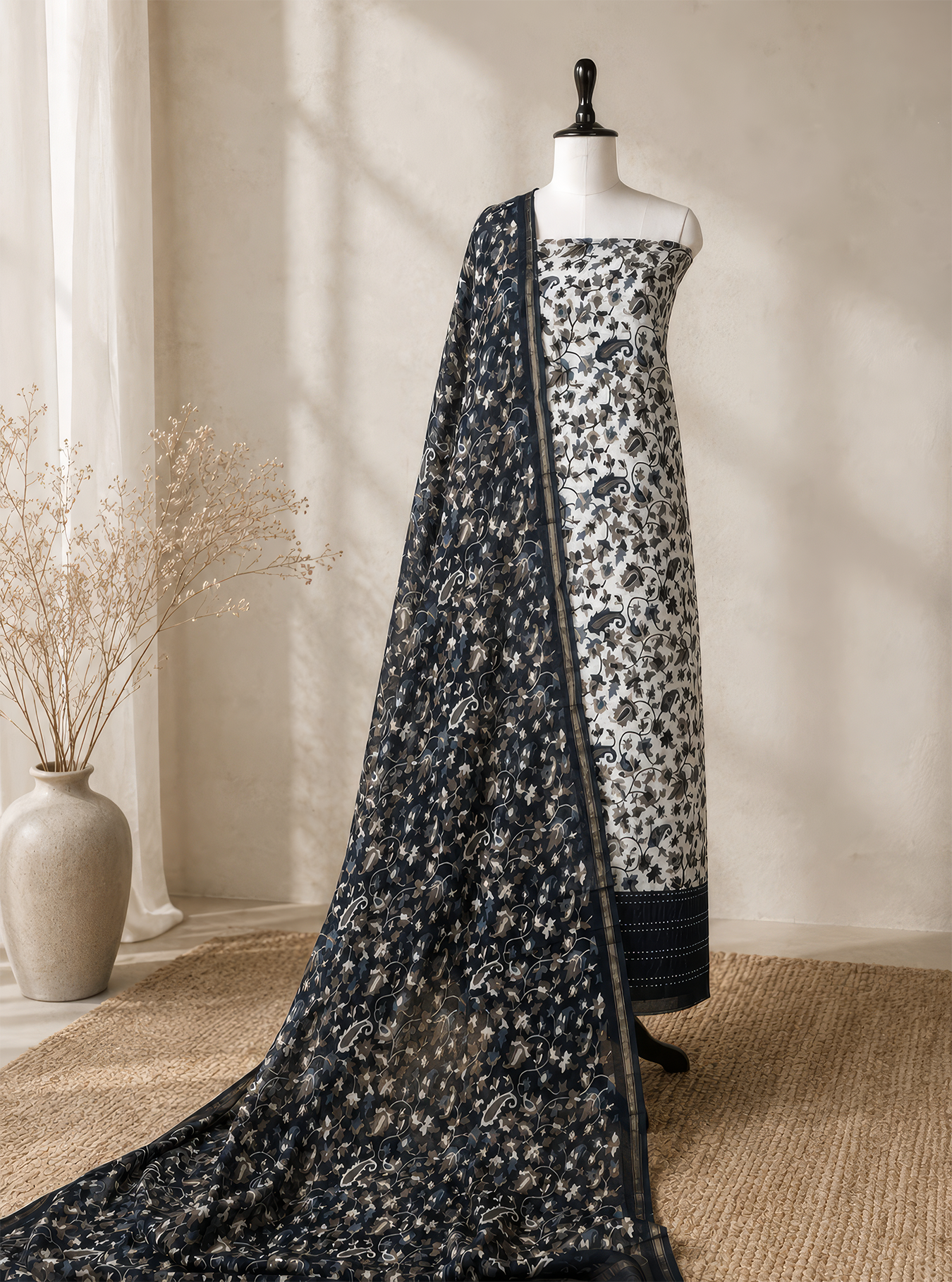 Beige and Black floral kani Print handloom Maheshwari Silk with kantha border