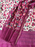 Beige and Winefloral kani Print handloom Maheshwari Silk with kantha border