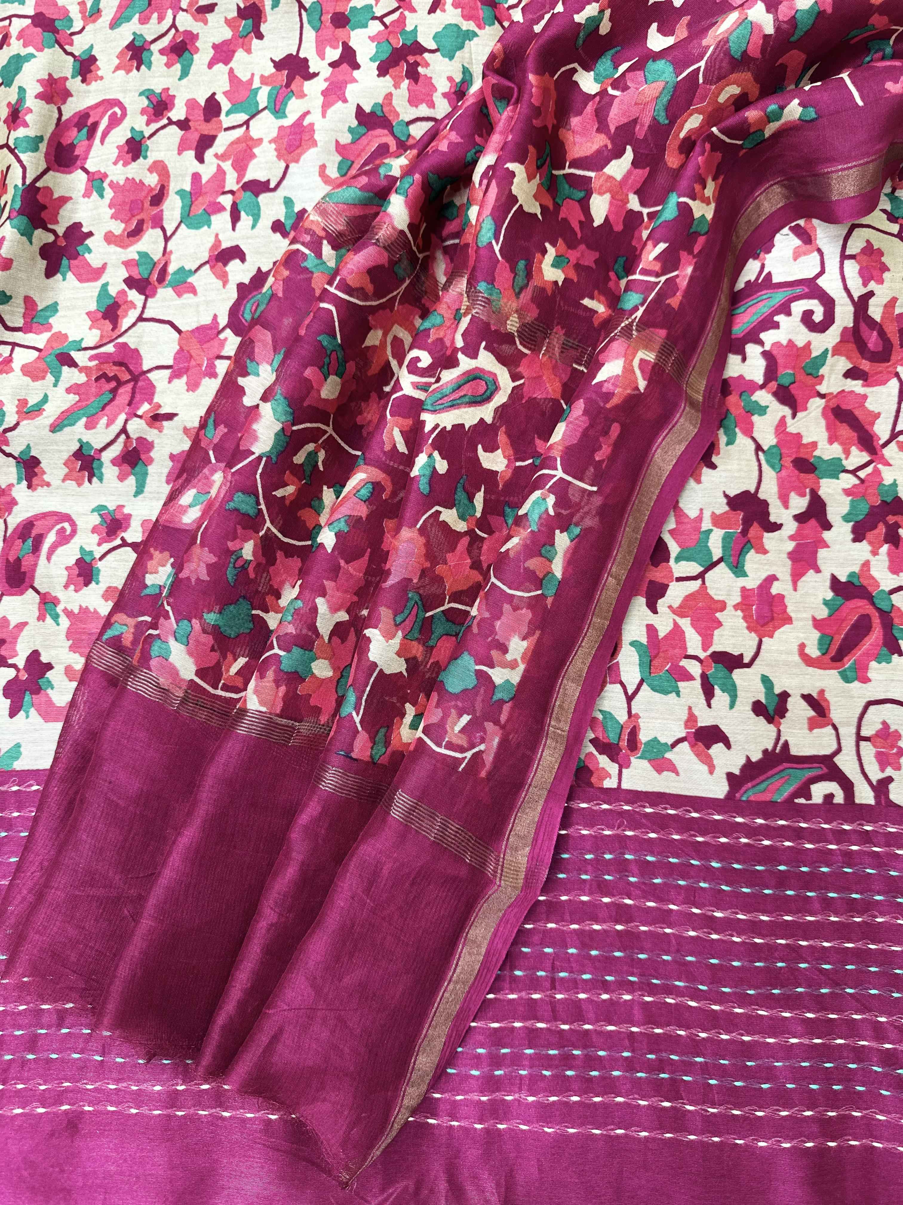 Beige and Winefloral kani Print handloom Maheshwari Silk with kantha border