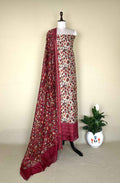 Beige and Red floral kani Print handloom Maheshwari Silk with kantha border