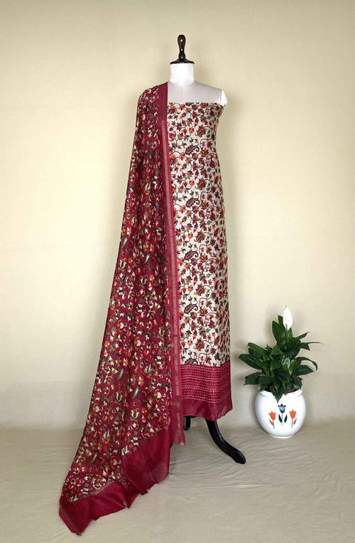 Beige and Red floral kani Print handloom Maheshwari Silk with kantha border