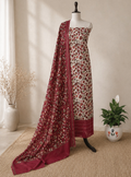 Beige and Red floral kani Print handloom Maheshwari Silk with kantha border