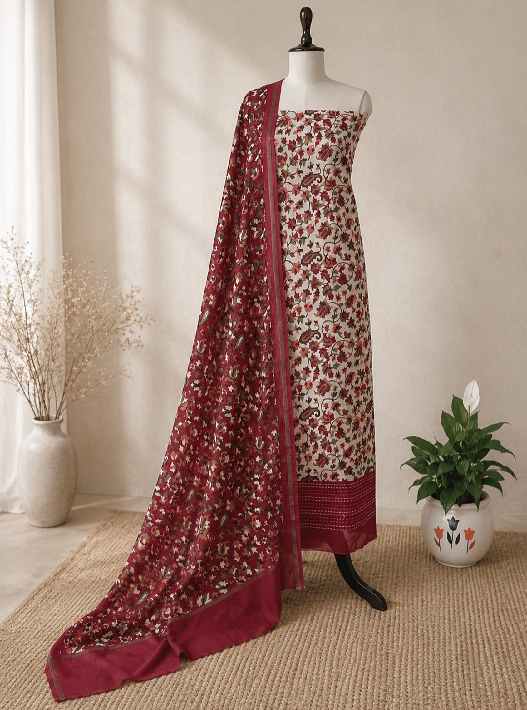 Beige and Red floral kani Print handloom Maheshwari Silk with kantha border