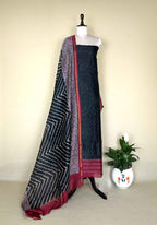 Black Bandhani Print with Maroon Kantha Border Handloom Maheshwari Silk Unstitched Suit