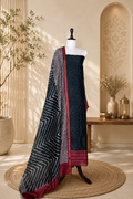 Black Bandhani Print with Maroon Kantha Border Handloom Maheshwari Silk Unstitched Suit