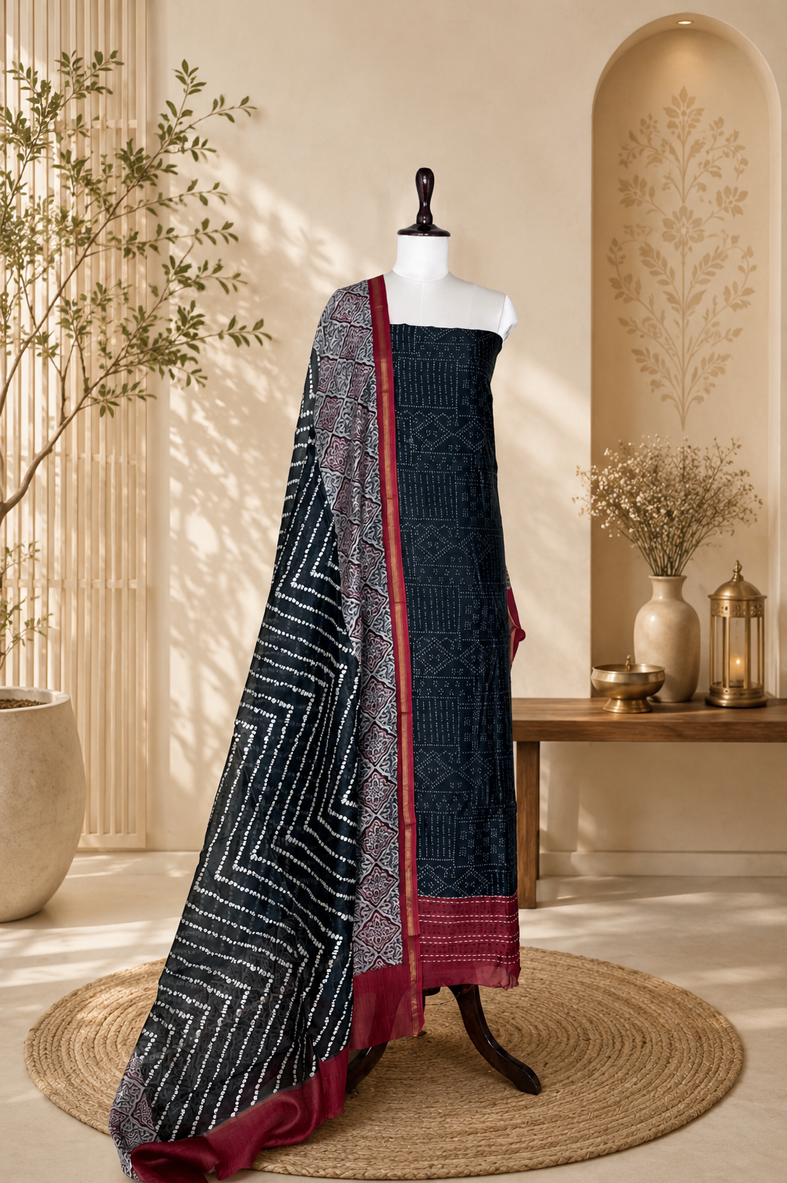 Black Bandhani Print with Maroon Kantha Border Handloom Maheshwari Silk Unstitched Suit