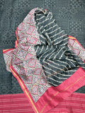 Black Bandhani Print with Maroon Kantha Border Handloom Maheshwari Silk Unstitched Suit