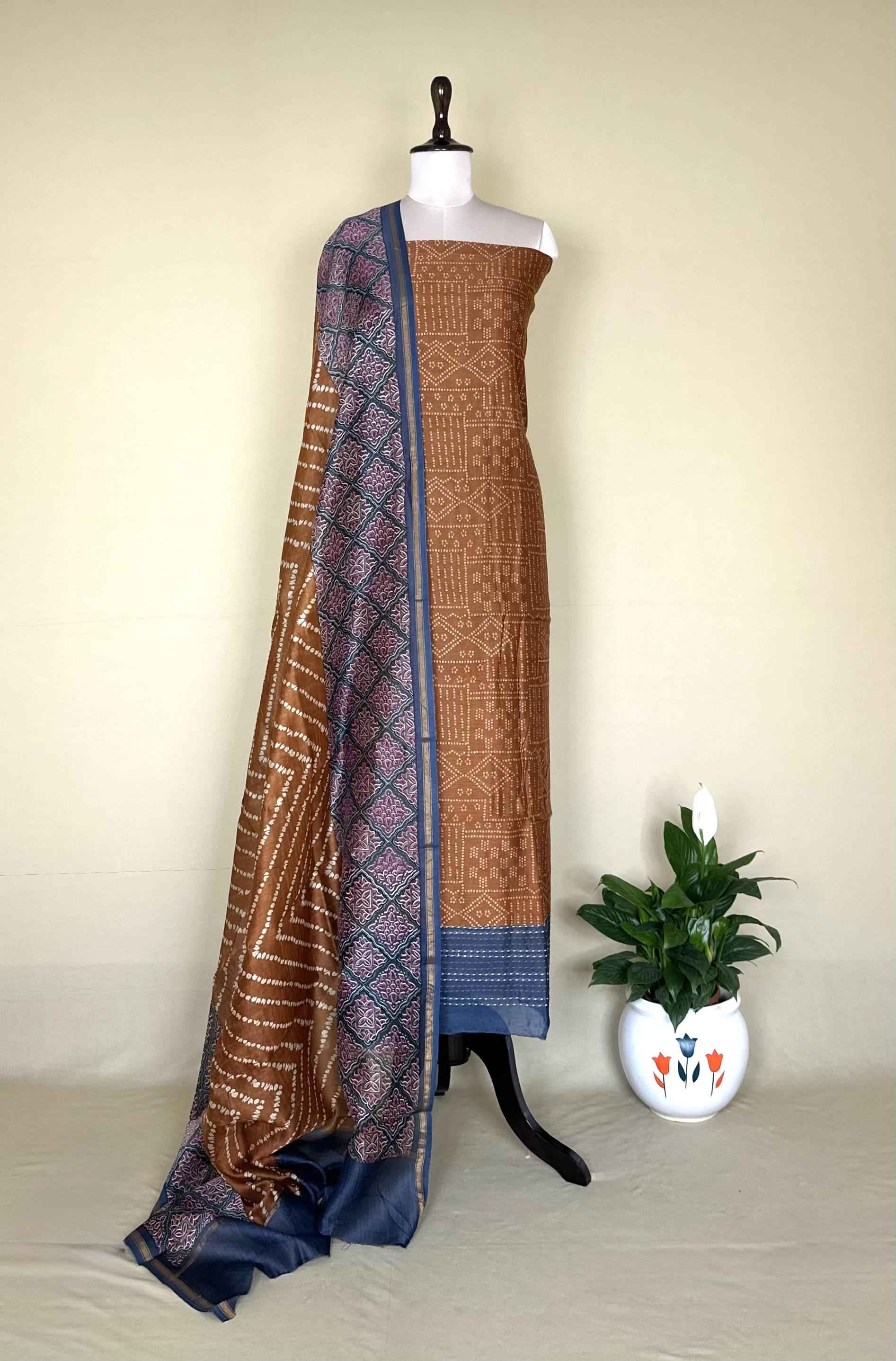 Mustard and Gray Print with Maroon Kantha Border Handloom Maheshwari Silk Unstitched Suit