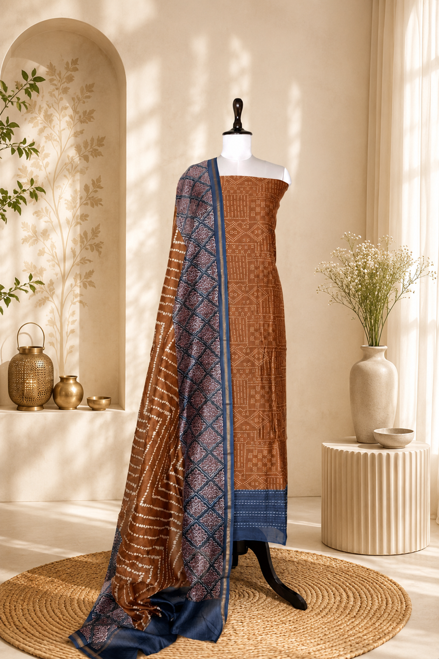 Mustard and Gray Print with Maroon Kantha Border Handloom Maheshwari Silk Unstitched Suit