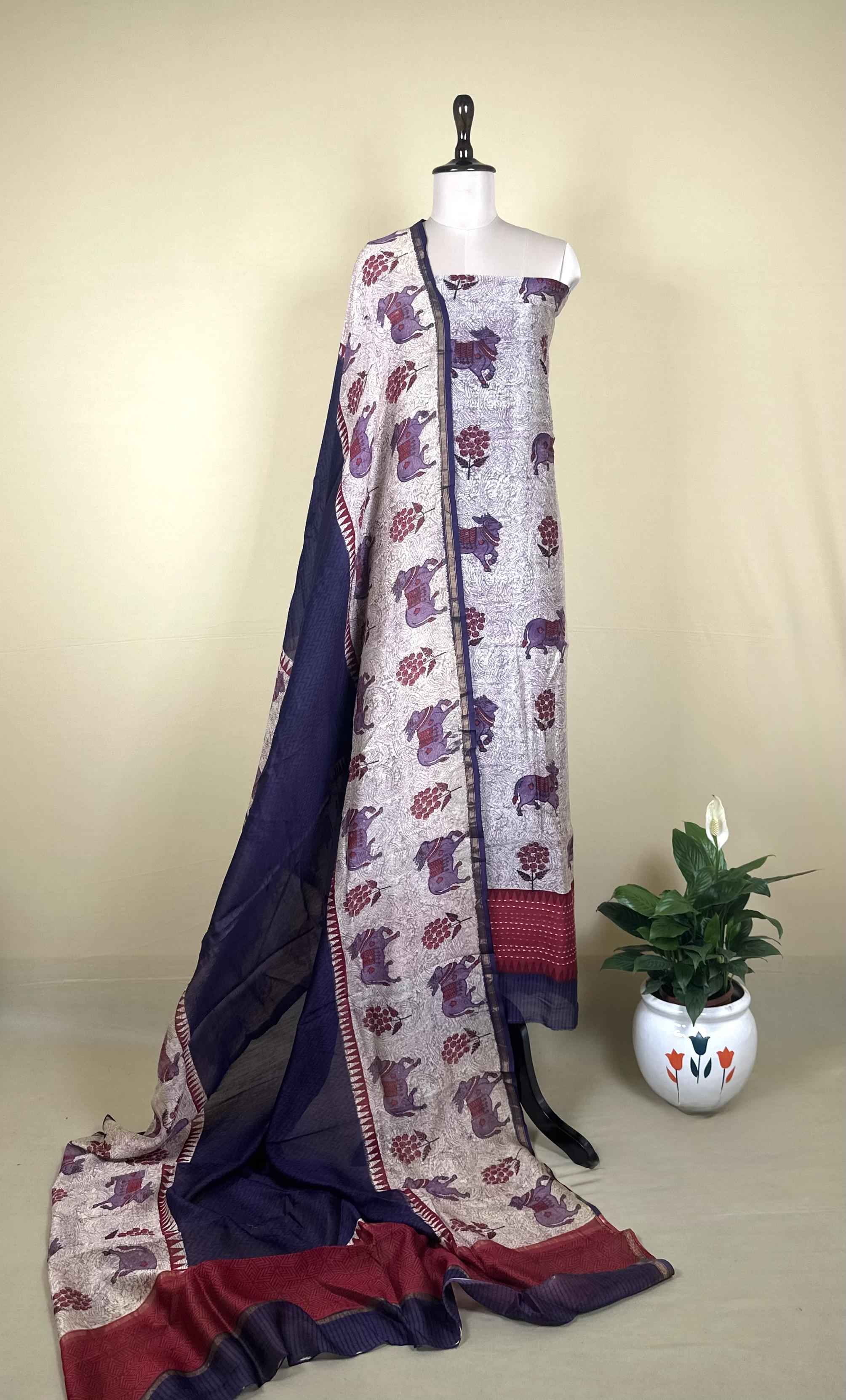 Purple and Maroon Pichwai Print with Kantha Work Border Unstitched Suit