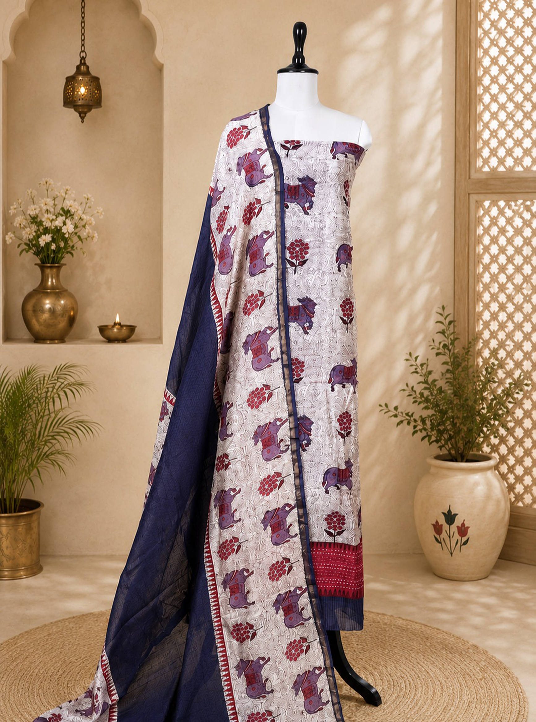 Purple and Maroon Pichwai Print with Kantha Work Border Unstitched Suit