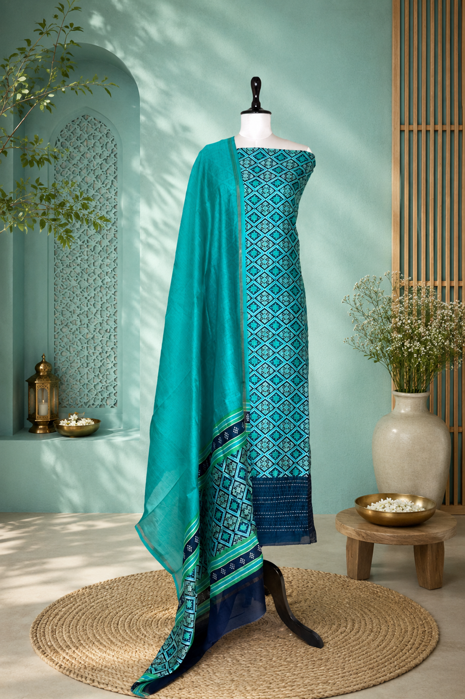 Green and Ink Blue Patola Print with Kanta Work Border Unstitched Suit