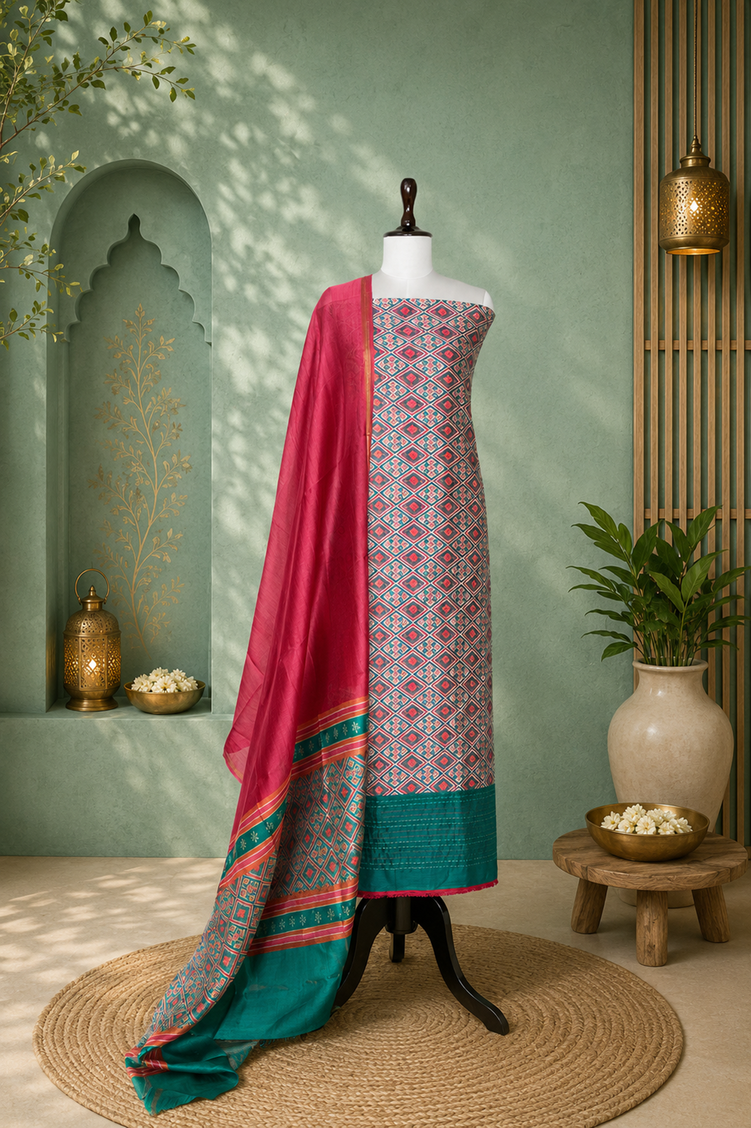 Green with Orange Patola Print with Kanta Work Border Unstitched Suit