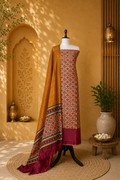 Mustard with Red Patola Print with Kanta Work Border Unstitched Suit
