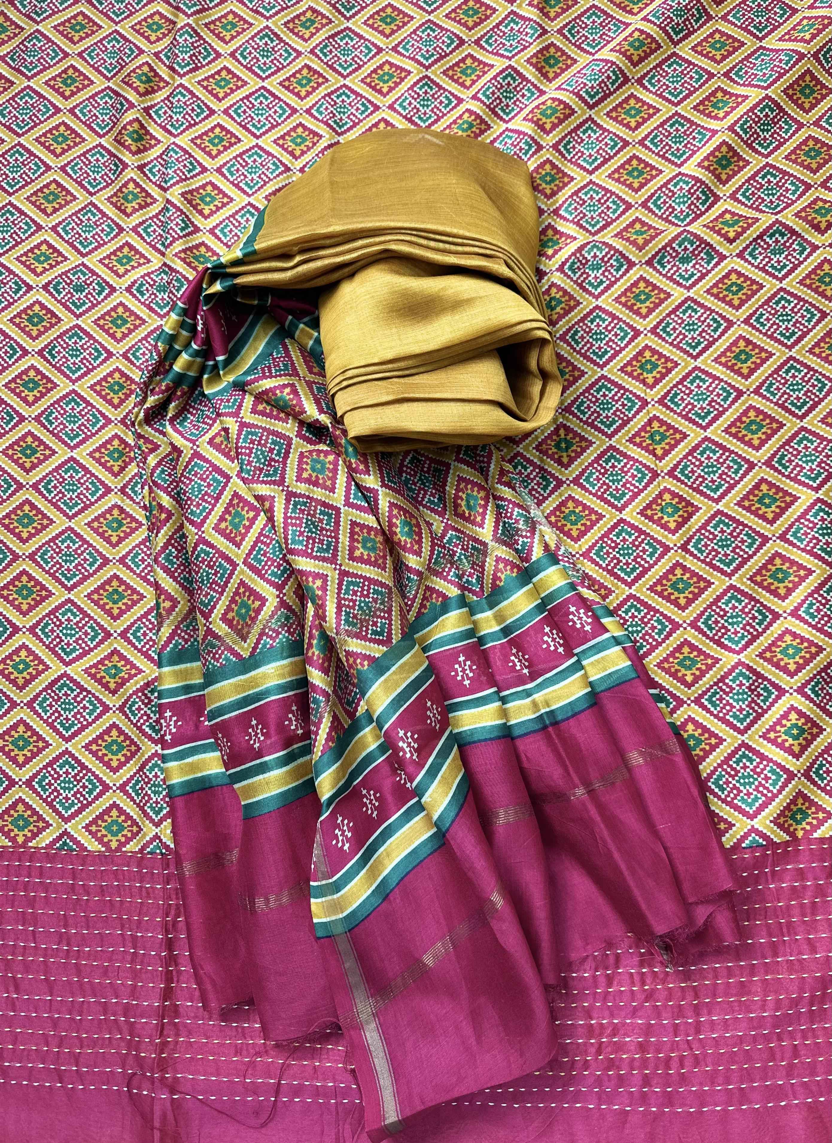 Mustard with Red Patola Print with Kanta Work Border Unstitched Suit
