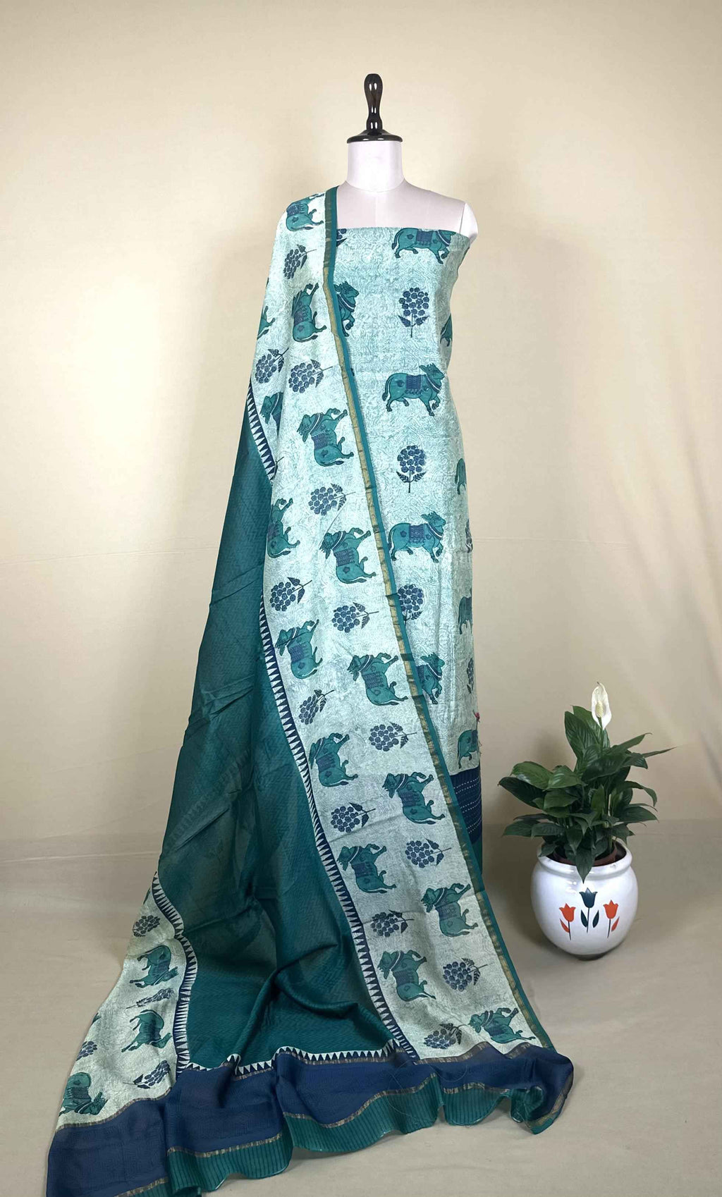 Rama Green and Navy Blue Pichwai Print with Kantha Work Border Unstitched Suit