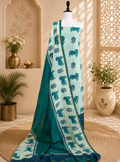 Rama Green and Navy Blue Pichwai Print with Kantha Work Border Unstitched Suit