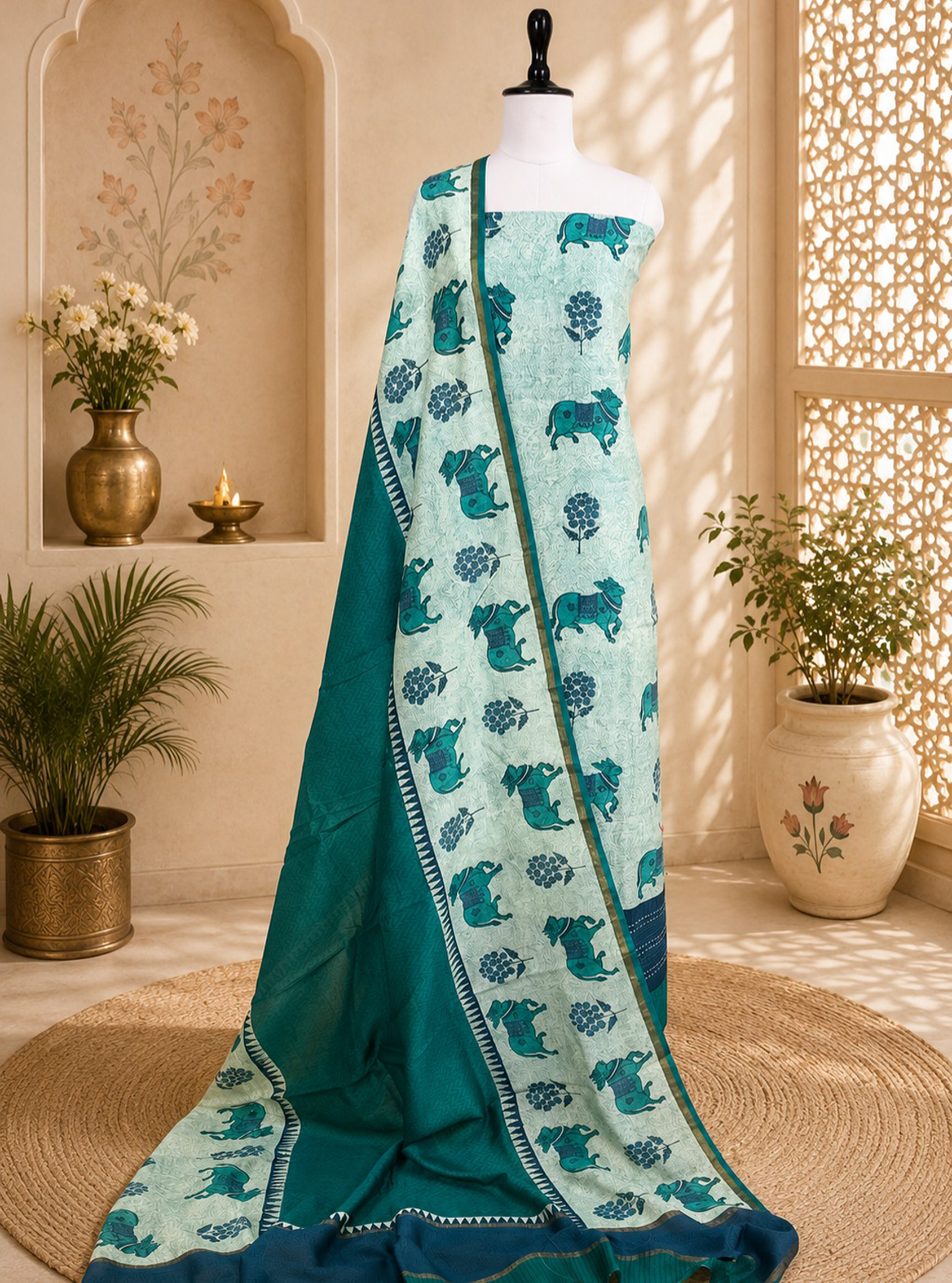 Rama Green and Navy Blue Pichwai Print with Kantha Work Border Unstitched Suit
