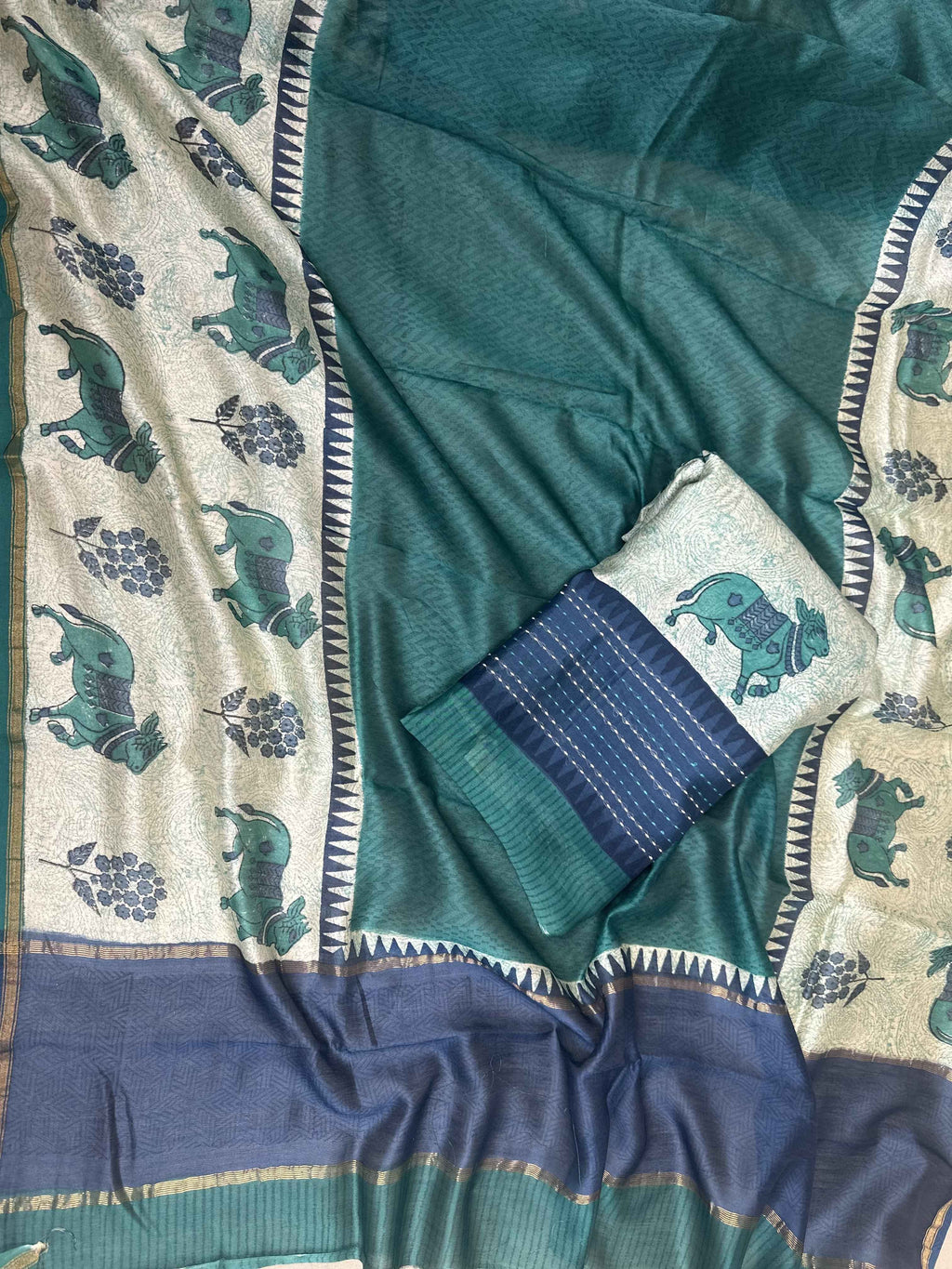 Rama Green and Navy Blue Pichwai Print with Kantha Work Border Unstitched Suit