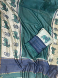 Rama Green and Navy Blue Pichwai Print with Kantha Work Border Unstitched Suit