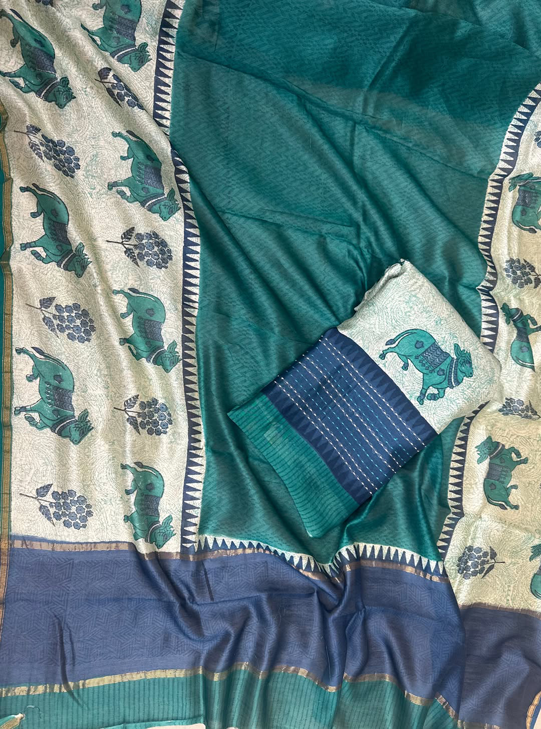 Rama Green and Navy Blue Pichwai Print with Kantha Work Border Unstitched Suit