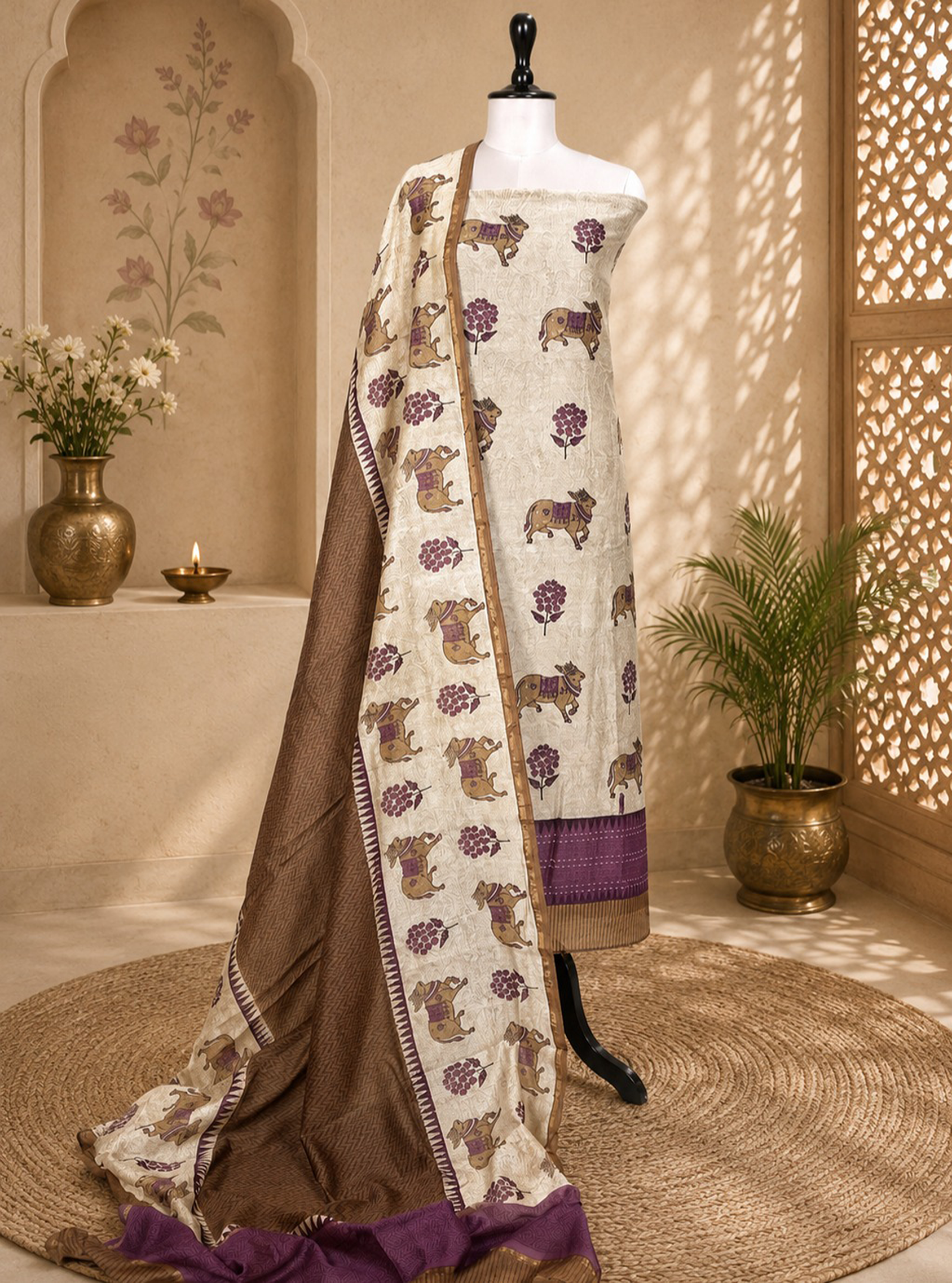 Mustard and Lilac Pichwai Print with Kantha Work Border Unstitched Suit