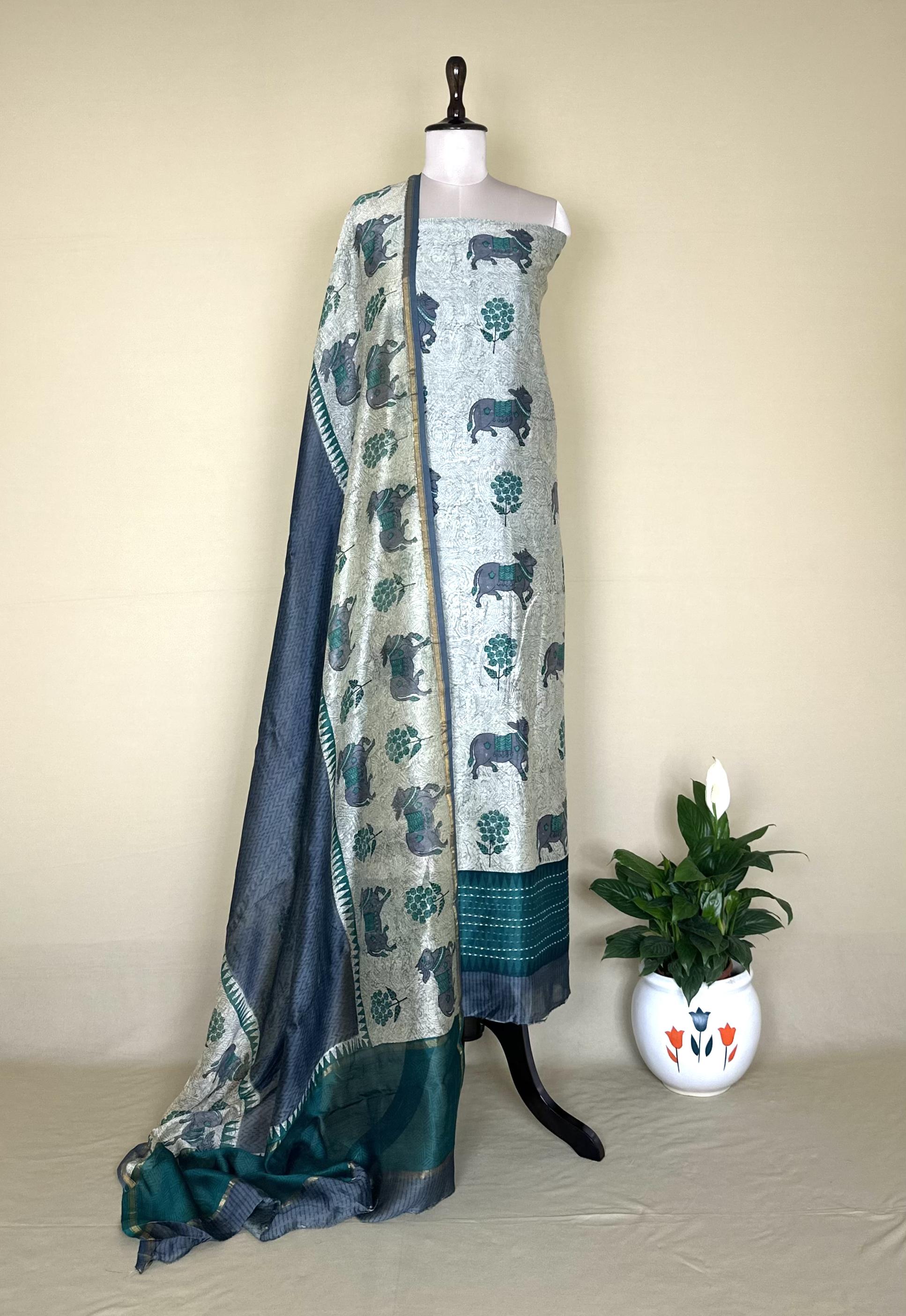 Grey and Bottle Green Pichwai Print with Kantha Work Border Unstitched Suit - Kalamusk LCA067
