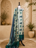 Grey and Bottle Green Pichwai Print with Kantha Work Border Unstitched Suit