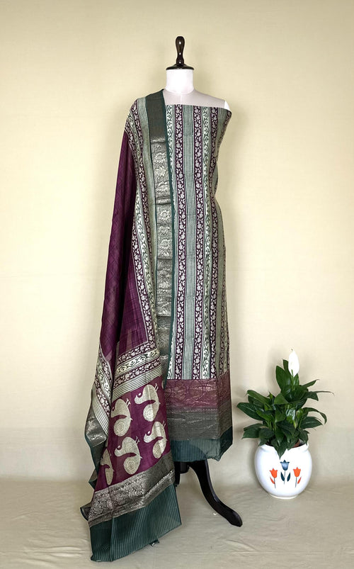 Bottle Green with Wine Hand Block Print with Zari Border Unstitched Suit - Kalamusk LCA068 image 2